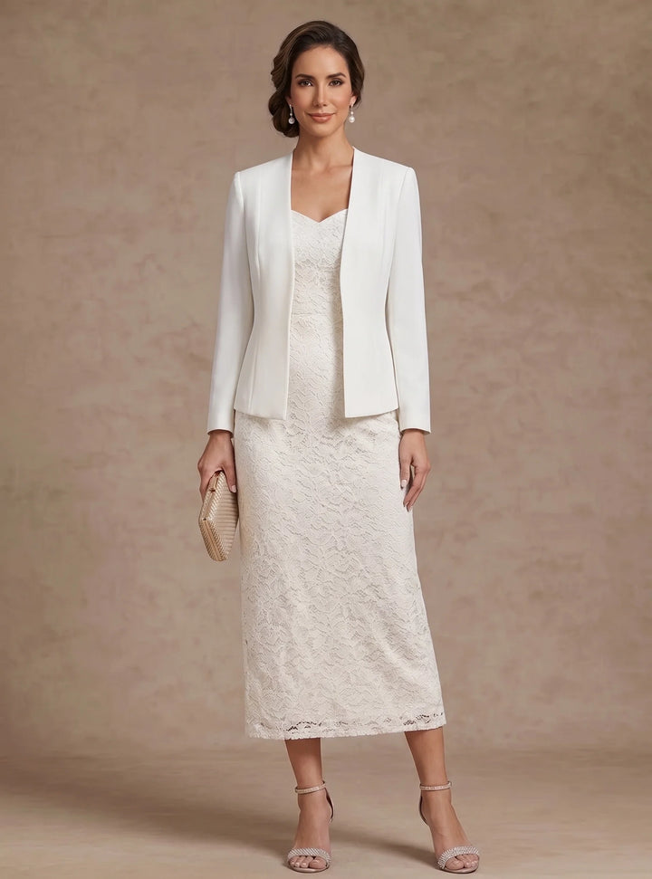 Sheath/Column Sweetheart Stretch Satin Mother of the Bride Dresses with Jacket Lace Long Sleeves Tea-Length