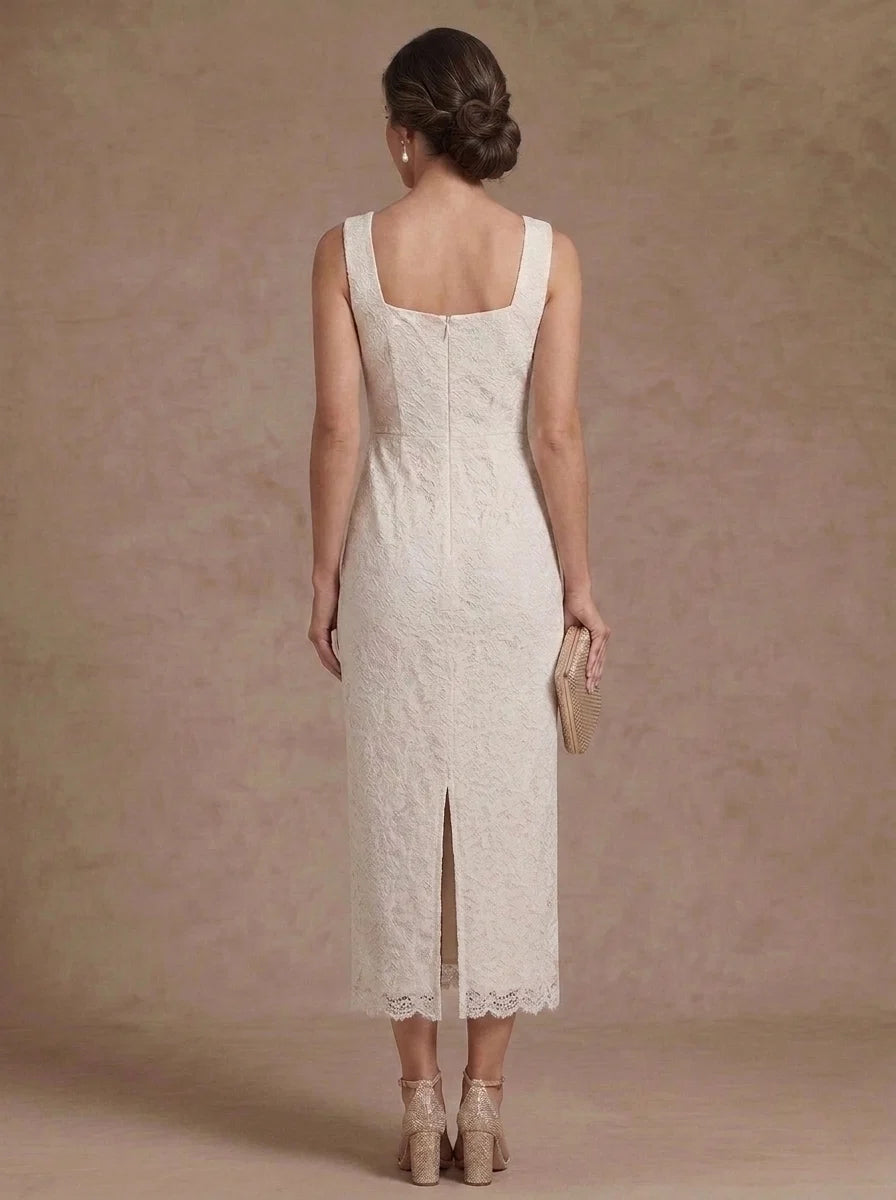 Sheath/Column Sweetheart Stretch Satin Mother of the Bride Dresses with Jacket Lace Long Sleeves Tea-Length