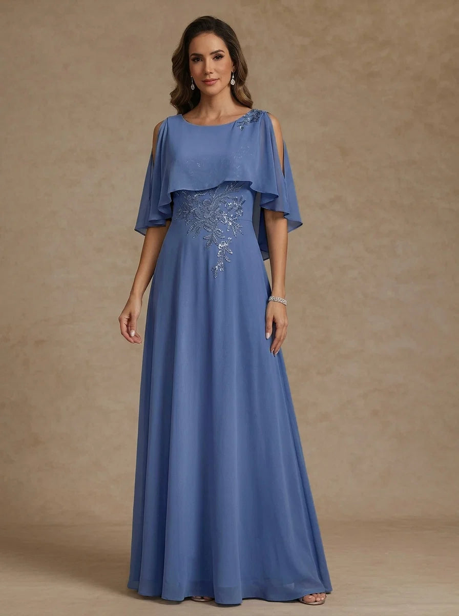 A-Line/Princess Scoop Chiffon Mother of the Bride Dresses Floor-Length Cape Sleeves Floral Sequins