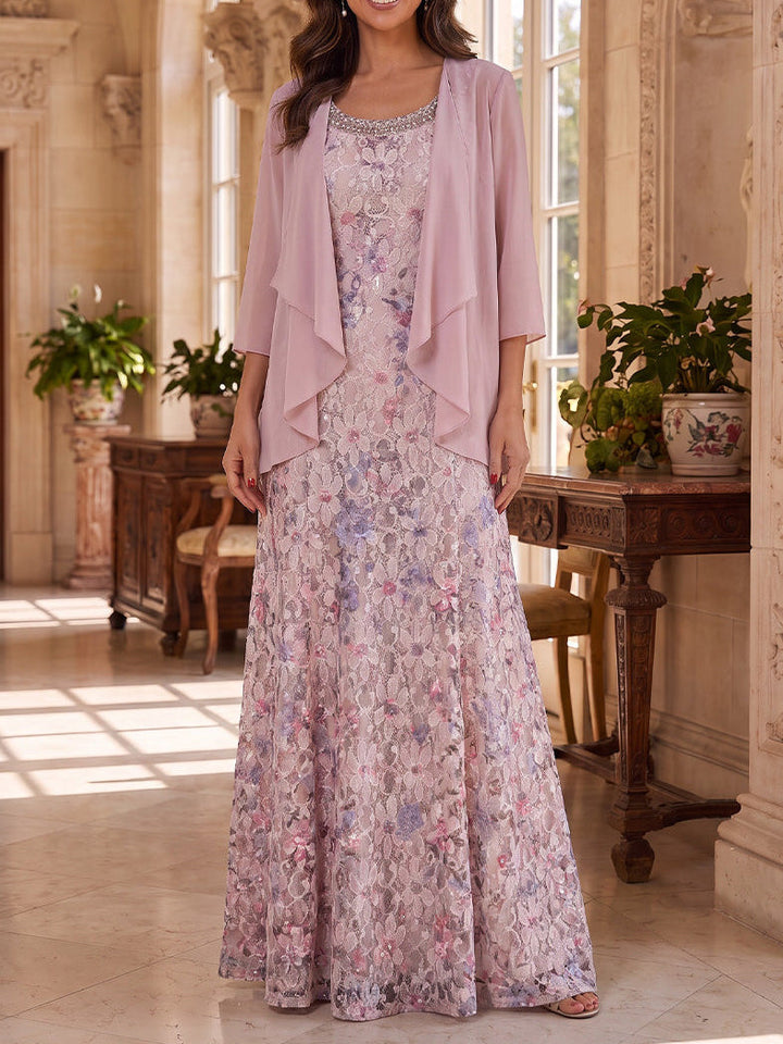 A-Line/Princess 2 Pieces Scoop Lace Embroidery Mother of the Bride Dresses Floor-Length 3/4 Sleeves with Chiffon Jacket