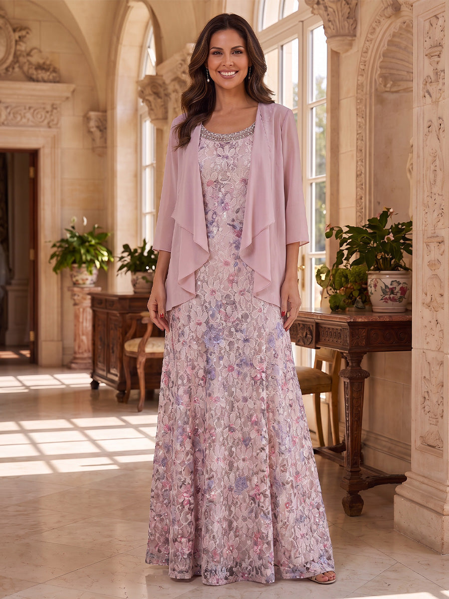 A-Line/Princess 2 Pieces Scoop Lace Embroidery Mother of the Bride Dresses Floor-Length 3/4 Sleeves with Chiffon Jacket