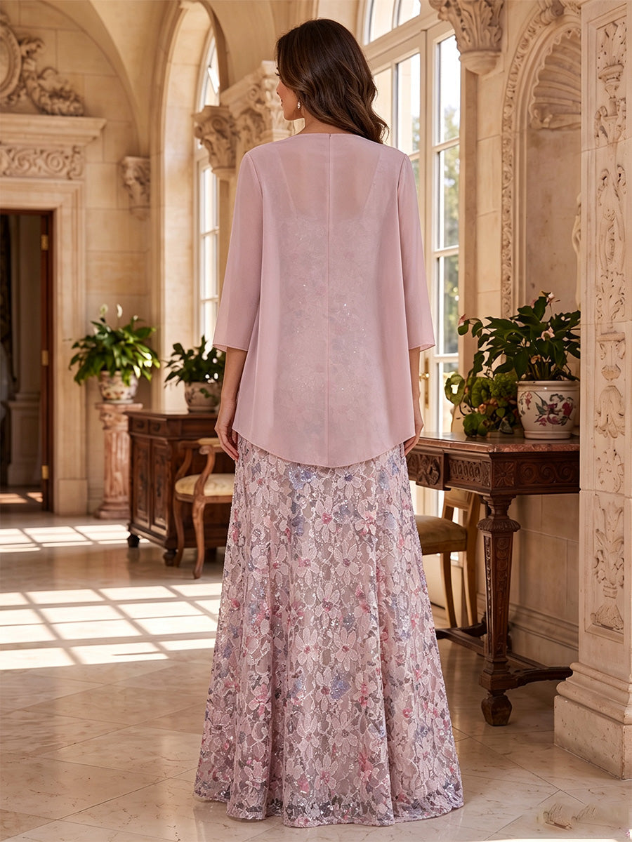 A-Line/Princess 2 Pieces Scoop Lace Embroidery Mother of the Bride Dresses Floor-Length 3/4 Sleeves with Chiffon Jacket