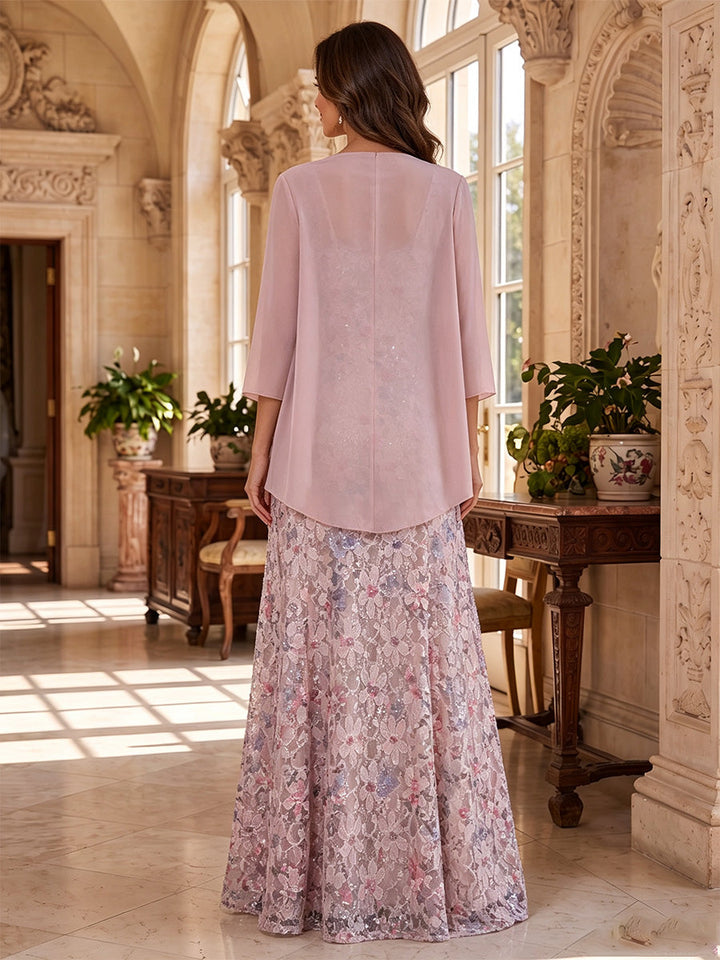 A-Line/Princess 2 Pieces Scoop Lace Embroidery Mother of the Bride Dresses Floor-Length 3/4 Sleeves with Chiffon Jacket