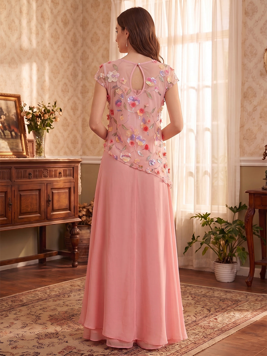 Jumpsuit 2 Pieces Scoop Lace Embroidery Chiffon Mother of the Bride Dresses Floor-Length Short Sleeves