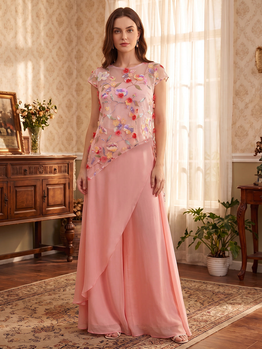 Jumpsuit 2 Pieces Scoop Lace Embroidery Chiffon Mother of the Bride Dresses Floor-Length Short Sleeves