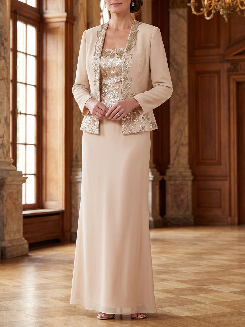 Sheath/Column 2 Pieces Scoop Chiffon Mother of the Bride Dresses Sequins Ankle-Length Long Sleeves with Jacket
