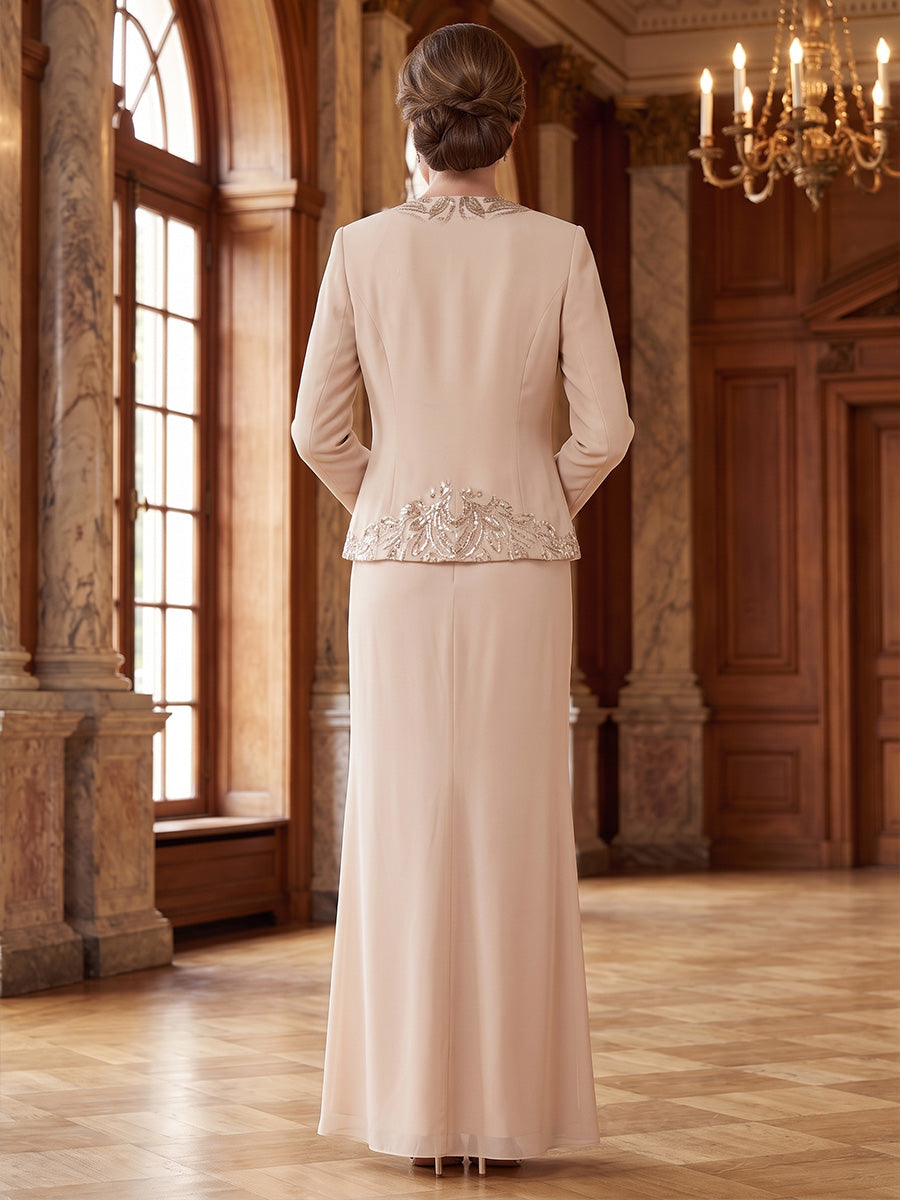 Sheath/Column 2 Pieces Scoop Chiffon Mother of the Bride Dresses Sequins Ankle-Length Long Sleeves with Jacket
