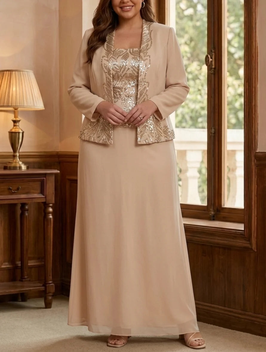 Sheath/Column 2 Pieces Scoop Chiffon Plus Size Mother of the Bride Dresses Sequins Ankle-Length Long Sleeves with Jacket