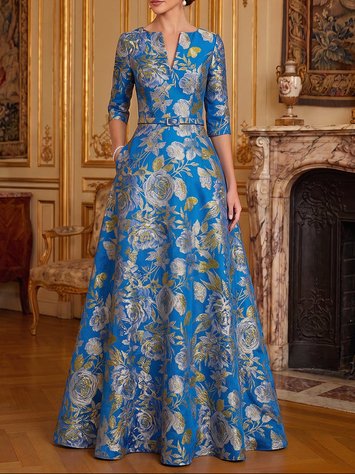 A-Line/Princess V-Neck Jacquard Mother of the Bride Dresses Floor-Length 3/4 Sleeves with Belt