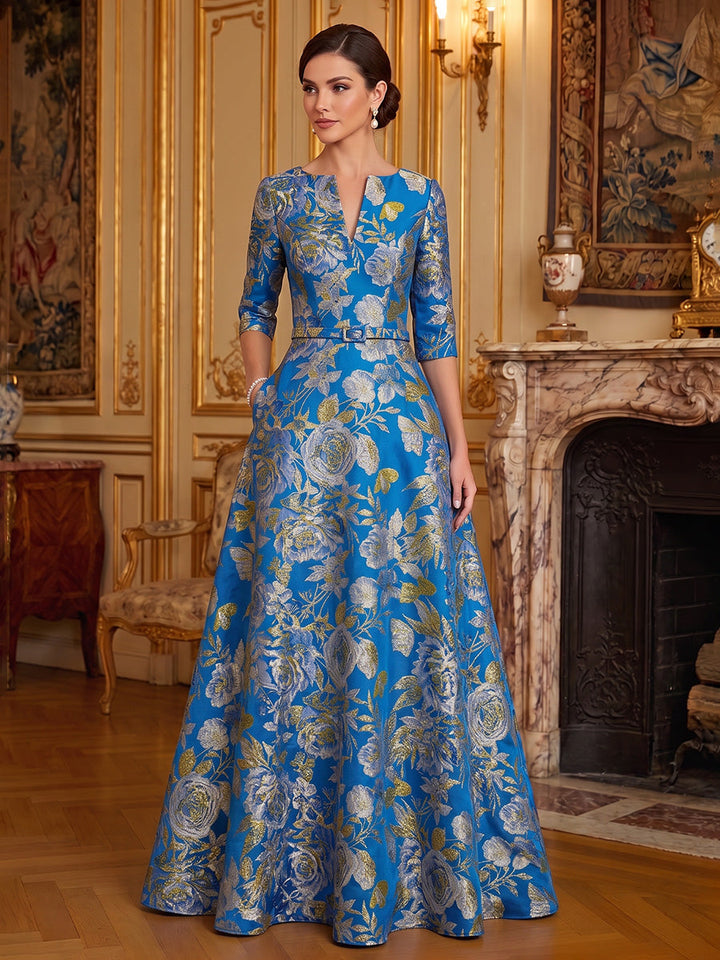 A-Line/Princess V-Neck Jacquard Mother of the Bride Dresses Floor-Length 3/4 Sleeves with Belt
