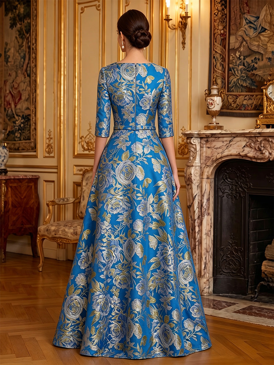 A-Line/Princess V-Neck Jacquard Mother of the Bride Dresses Floor-Length 3/4 Sleeves with Belt