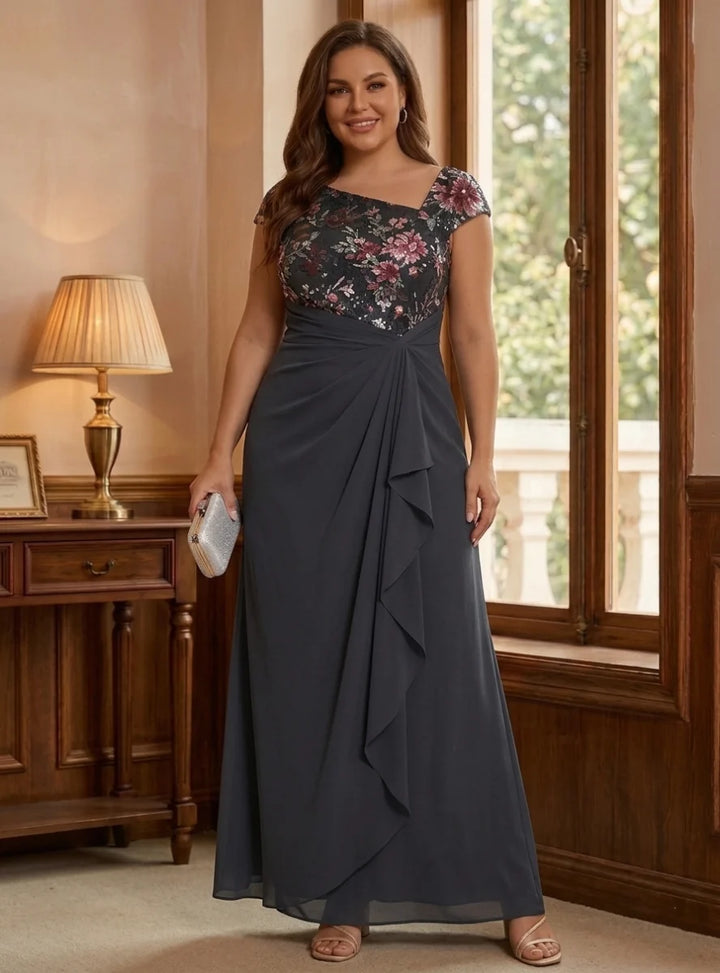 A-Line/Princess Asymmetrical Collar Chiffon Plus Size Mother of the Bride Dresses Ankle-Length Short Sleeves Floral