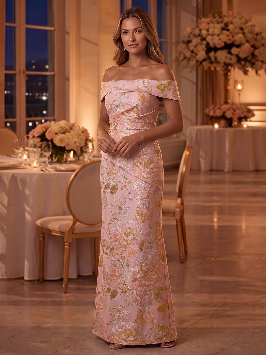 Sheath/Column Off-the-Shoulder Jacquard Mother of the Bride Dresses Floral Floor-Length Sleeveless
