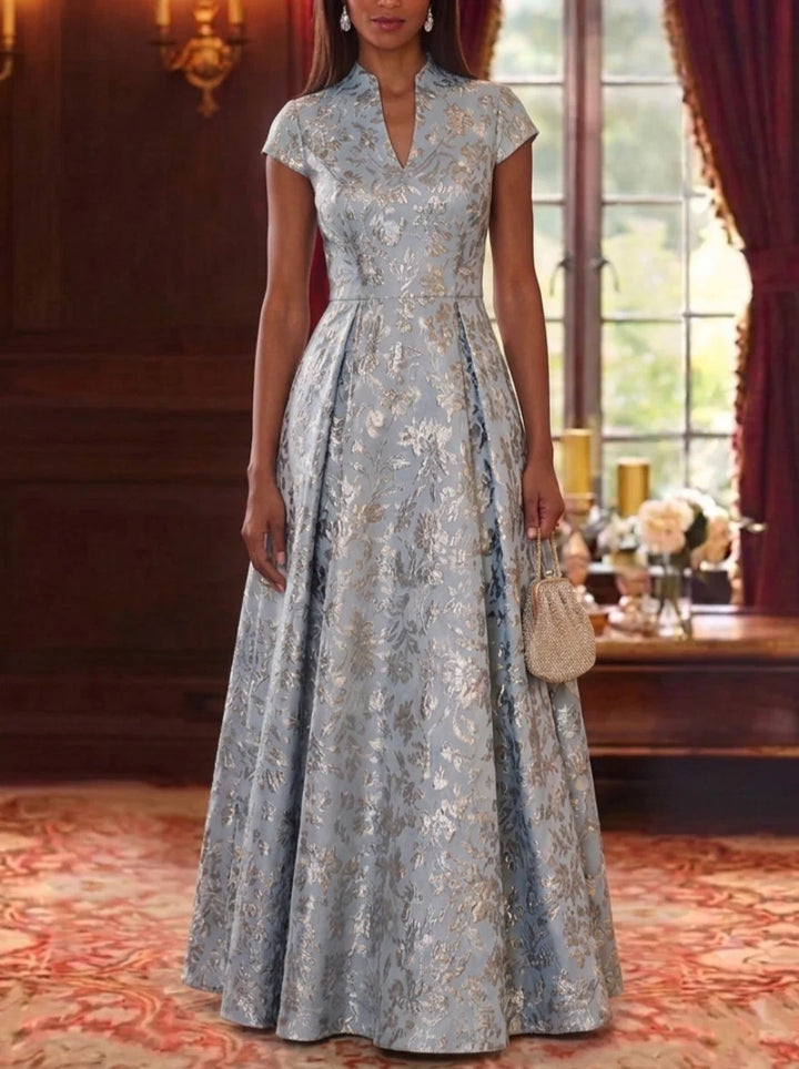 A-Line/Princess V-Neck Jacquard Mother of the Bride Dresses Floor-Length Floral Cap Sleeves