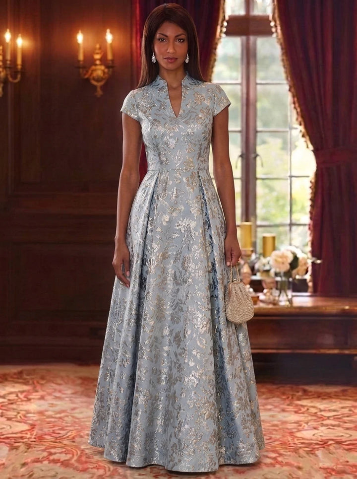 A-Line/Princess V-Neck Jacquard Mother of the Bride Dresses Floor-Length Floral Cap Sleeves