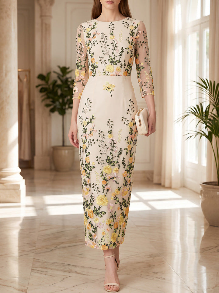 Sheath/Column Scoop Lace Embroidery Mother of the Bride Dresses Tea-Length 3/4 Sleeves