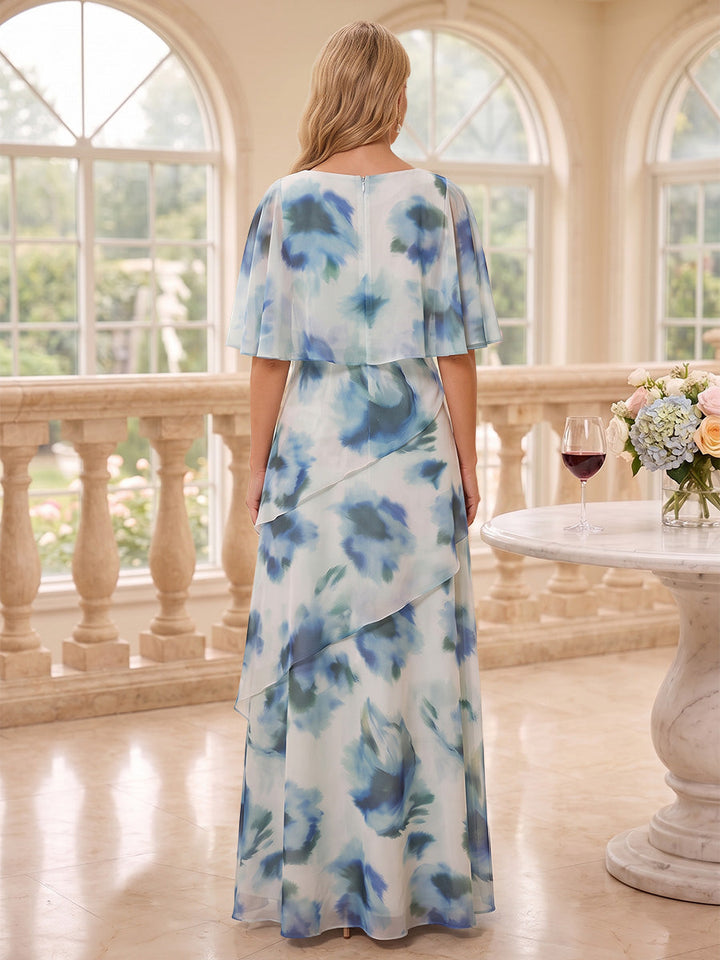 A-Line/Princess Scoop Floral Chiffon Mother of the Bride Dresses Floor-Length Cape Sleeves