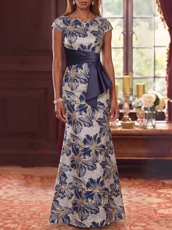 Trumpet/Mermaid Scoop Jacquard Mother of the Bride Dresses Floor-Length Floral Cap Sleeves Sash