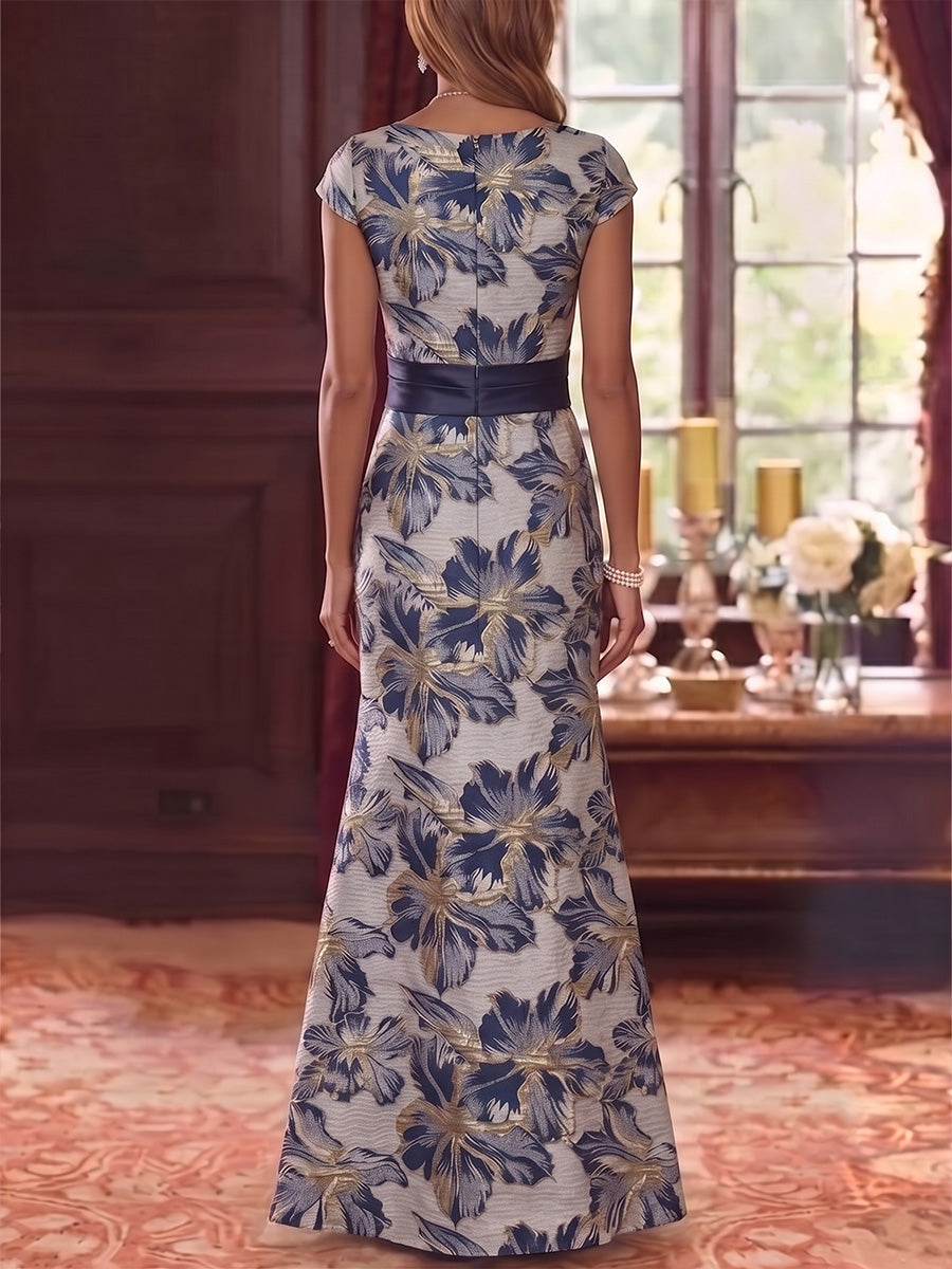 Trumpet/Mermaid Scoop Jacquard Mother of the Bride Dresses Floor-Length Floral Cap Sleeves Sash