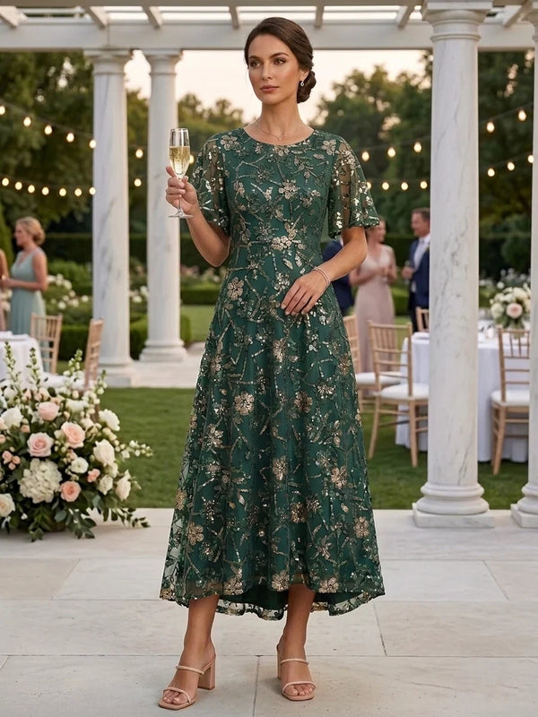 A-Line/Princess Scoop Chiffon Mother of the Bride Dresses Tea-Length Short Sleeves Floral Sequins