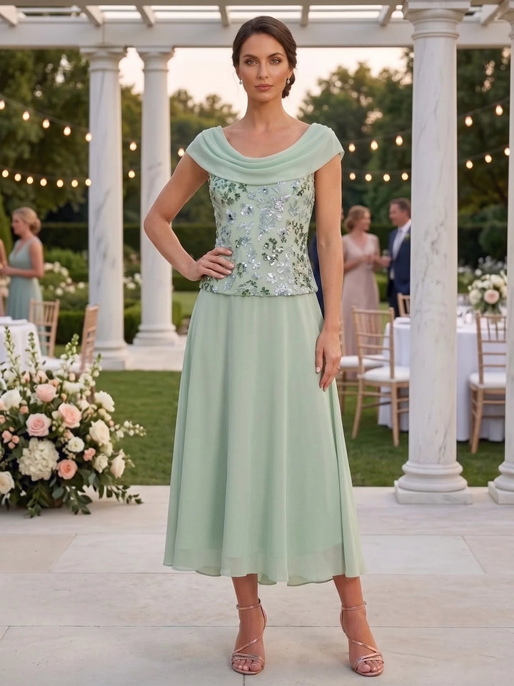 A-Line/Princess Cowl Neck Chiffon Mother of the Bride Dresses Tea-Length Sleeveless Floral Sequins