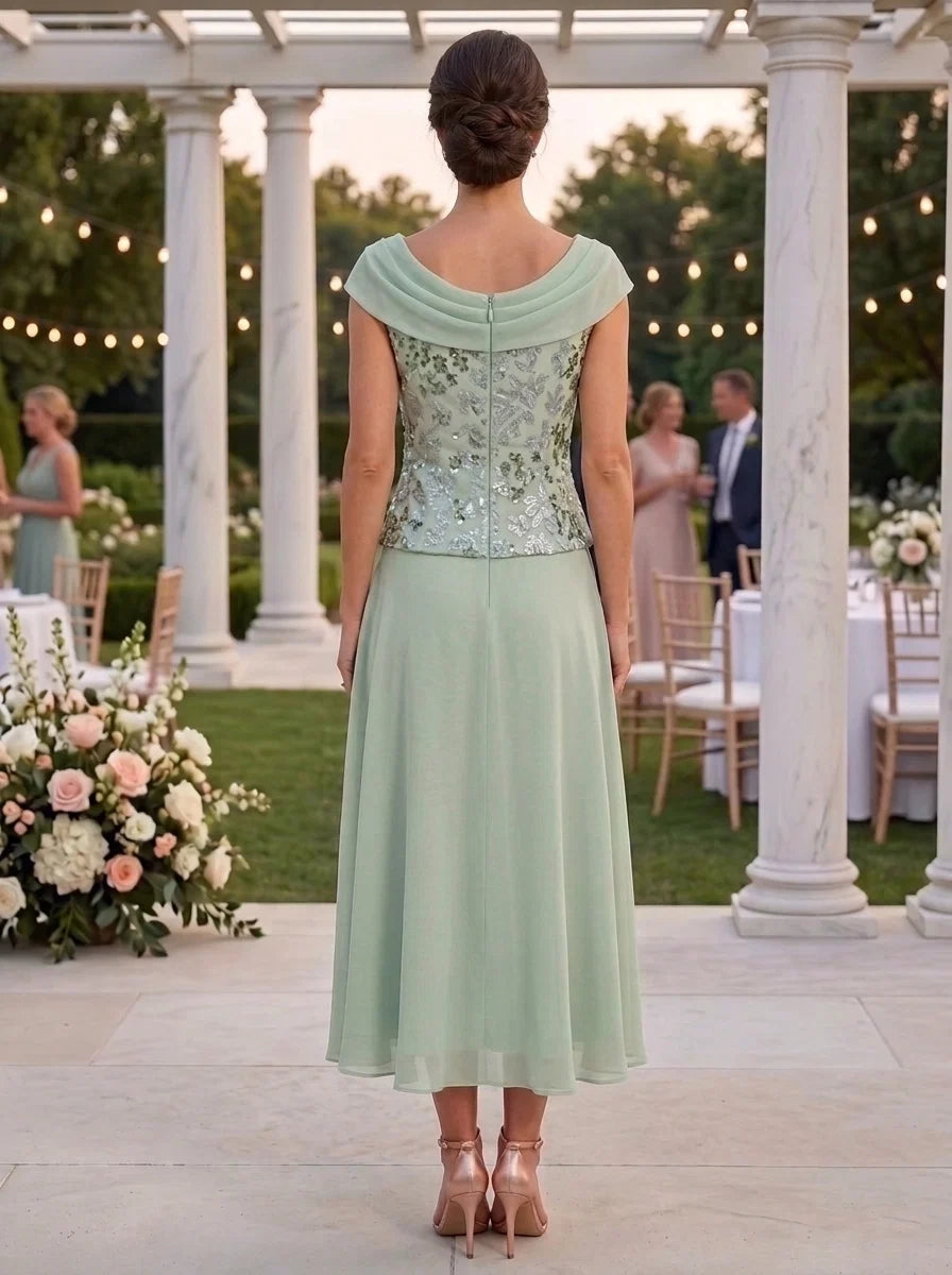 A-Line/Princess Cowl Neck Chiffon Mother of the Bride Dresses Tea-Length Sleeveless Floral Sequins