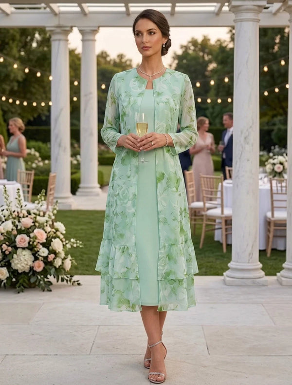 A-Line/Princess Scoop Chiffon Mother of the Bride Dresses with Jacket Floral Tea-Length Long Sleeves Ruffles