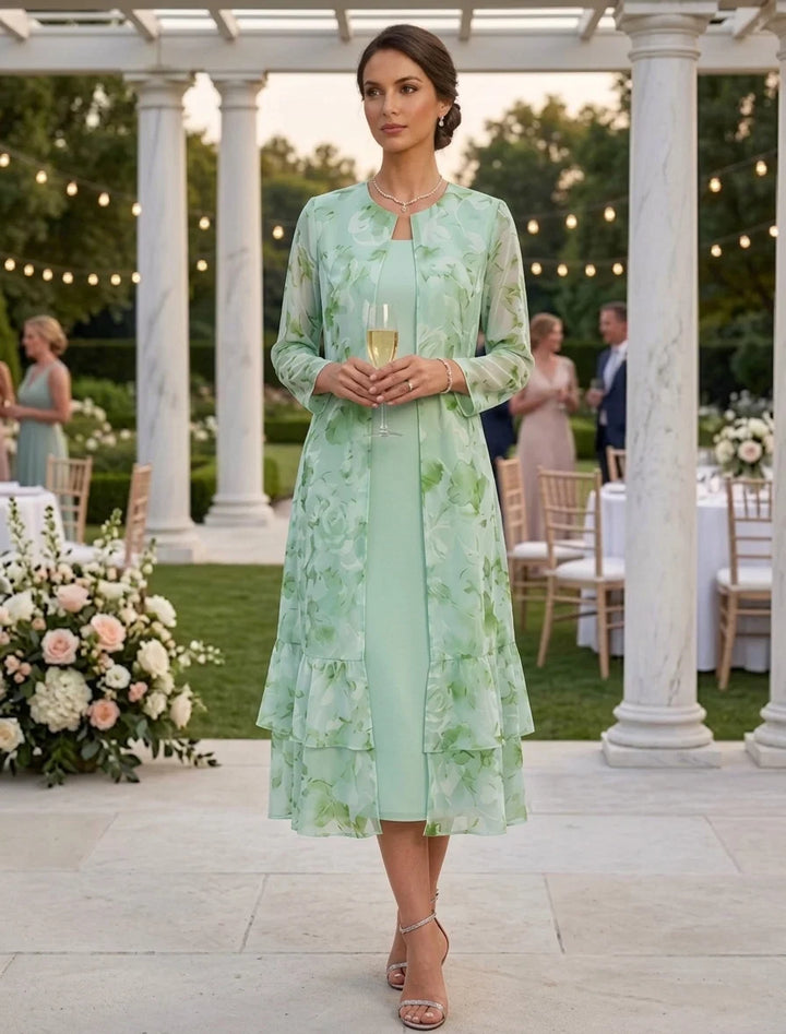 A-Line/Princess Scoop Chiffon Mother of the Bride Dresses with Jacket Floral Tea-Length Long Sleeves Ruffles