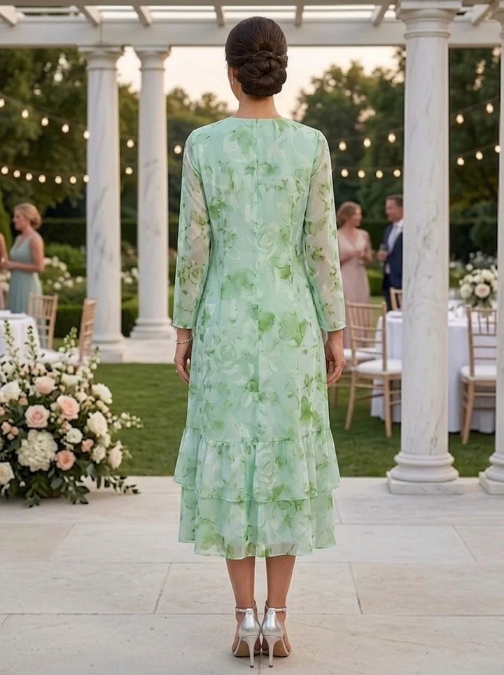 A-Line/Princess Scoop Chiffon Mother of the Bride Dresses with Jacket Floral Tea-Length Long Sleeves Ruffles