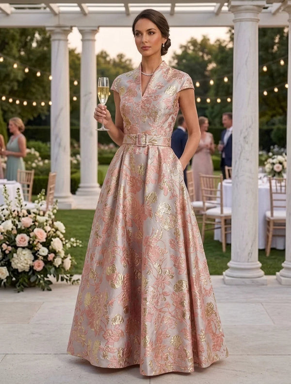 A-Line/Princess V-Neck Jacquard Mother of the Bride Dresses Floor-Length Floral Cap Sleeves Belt
