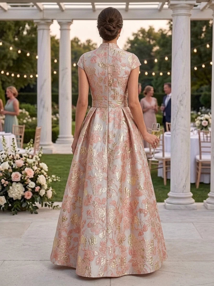 A-Line/Princess V-Neck Jacquard Mother of the Bride Dresses Floor-Length Floral Cap Sleeves Belt