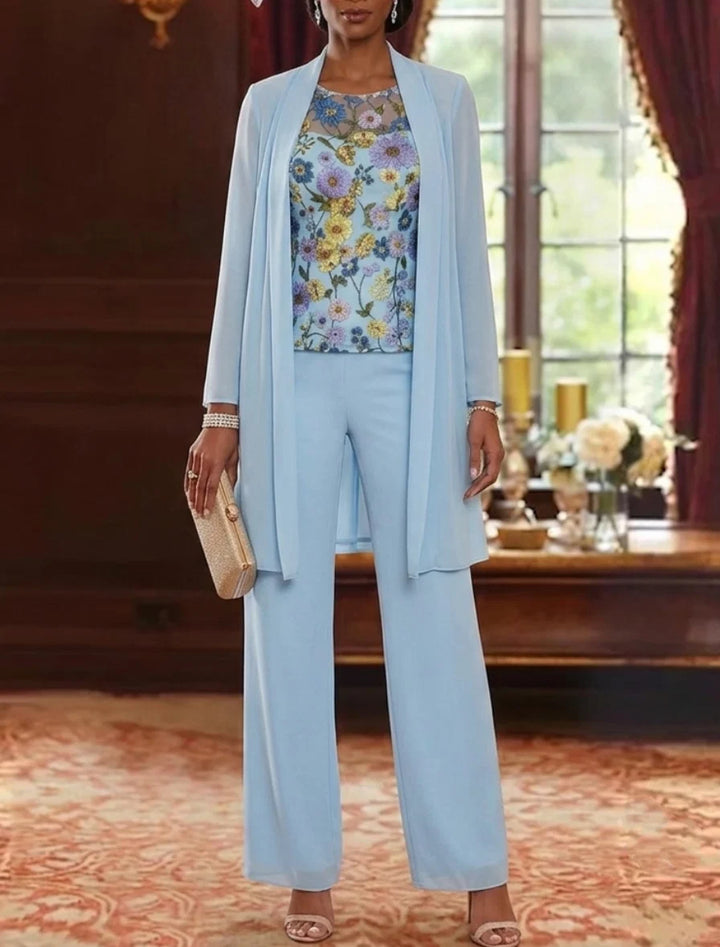 3 Pieces Scoop Chiffon Mother of the Bride Pantsuits with Jacket Ankle-Length Long Sleeves Floral