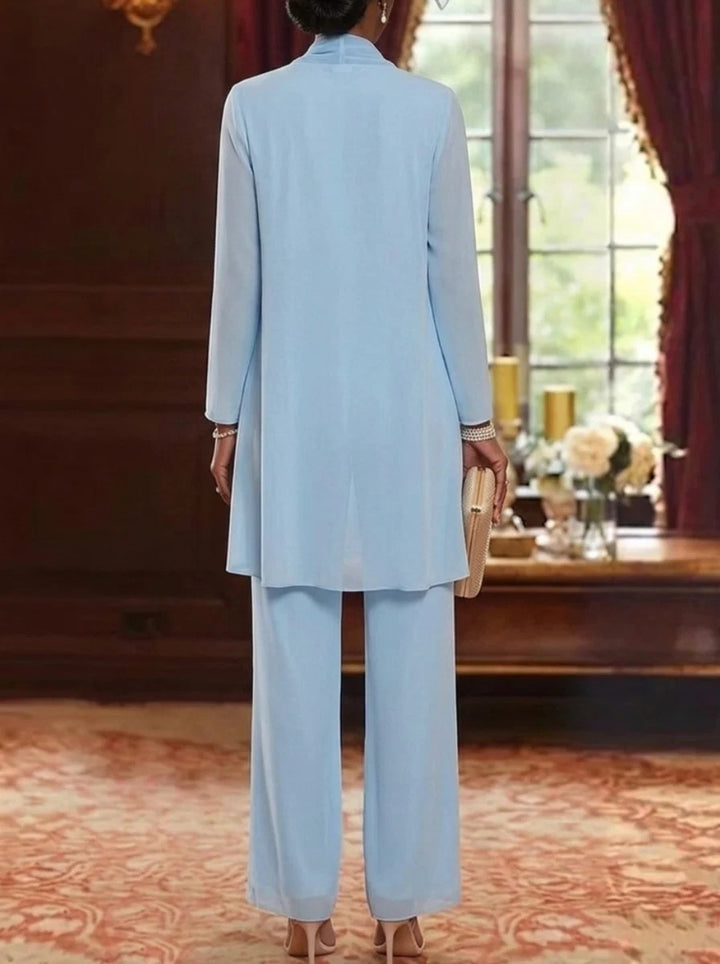 3 Pieces Scoop Chiffon Mother of the Bride Pantsuits with Jacket Ankle-Length Long Sleeves Floral