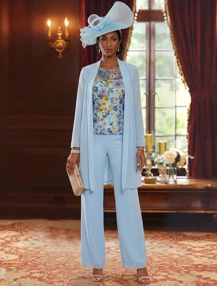3 Pieces Scoop Chiffon Mother of the Bride Pantsuits with Jacket Ankle-Length Long Sleeves Floral