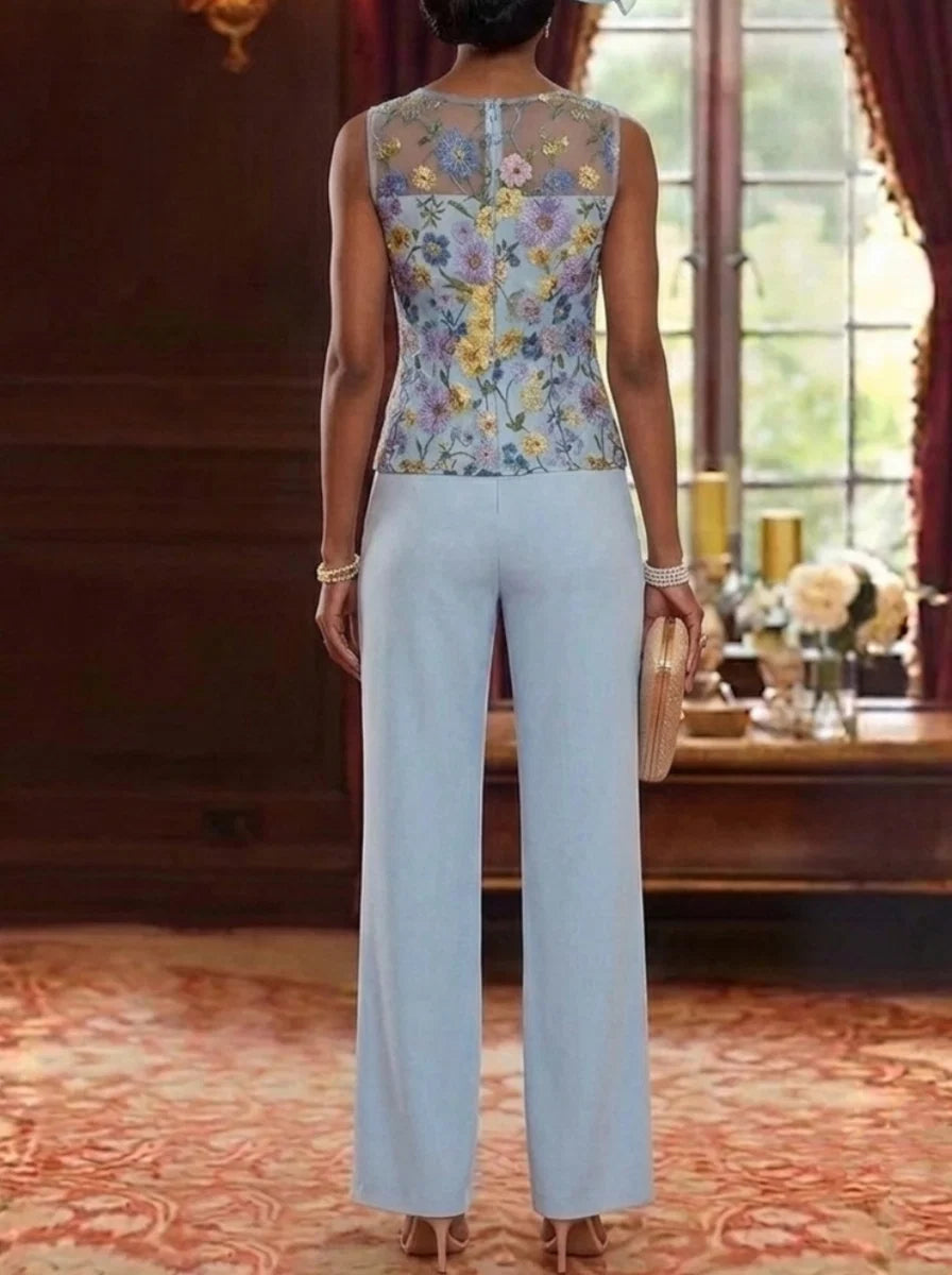 3 Pieces Scoop Chiffon Mother of the Bride Pantsuits with Jacket Ankle-Length Long Sleeves Floral
