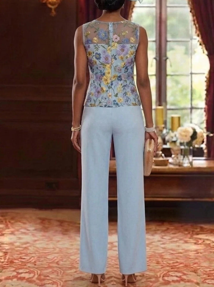 3 Pieces Scoop Chiffon Mother of the Bride Pantsuits with Jacket Ankle-Length Long Sleeves Floral