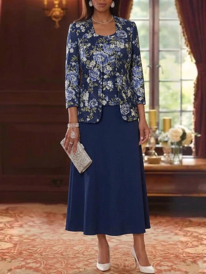 2 Pieces A-Line/Princess Scoop Chiffon Mother of the Bride Dresses with Jacket Lace Floral 3/4 Sleeves Tea-Length