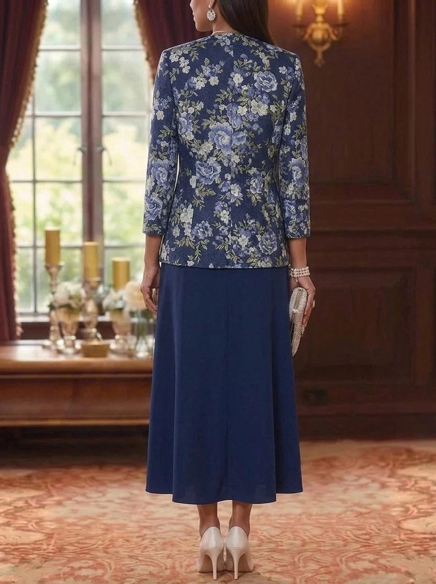 2 Pieces A-Line/Princess Scoop Chiffon Mother of the Bride Dresses with Jacket Lace Floral 3/4 Sleeves Tea-Length