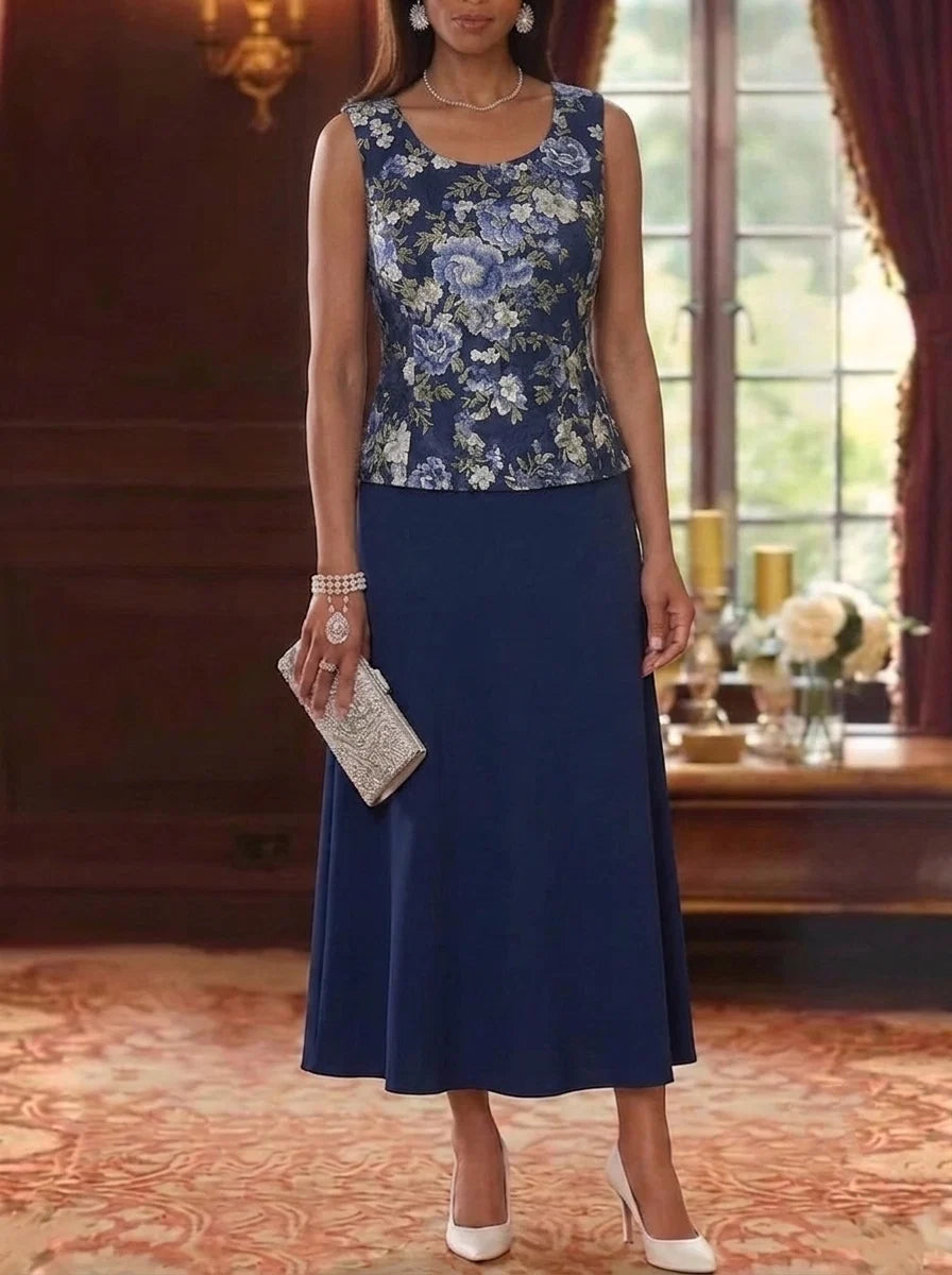 2 Pieces A-Line/Princess Scoop Chiffon Mother of the Bride Dresses with Jacket Lace Floral 3/4 Sleeves Tea-Length