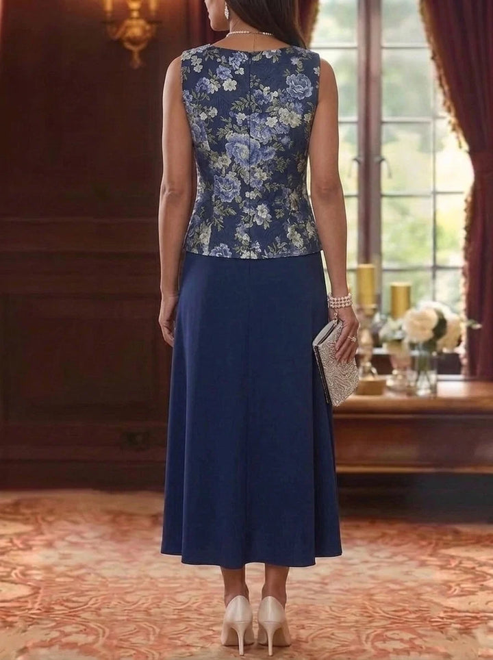 2 Pieces A-Line/Princess Scoop Chiffon Mother of the Bride Dresses with Jacket Lace Floral 3/4 Sleeves Tea-Length