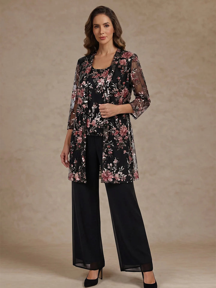 3 Pieces Scoop Chiffon Mother of the Bride Pantsuit Floral Ankle-Length 3/4 Sleeves&amp;Sleeveless with Jacket