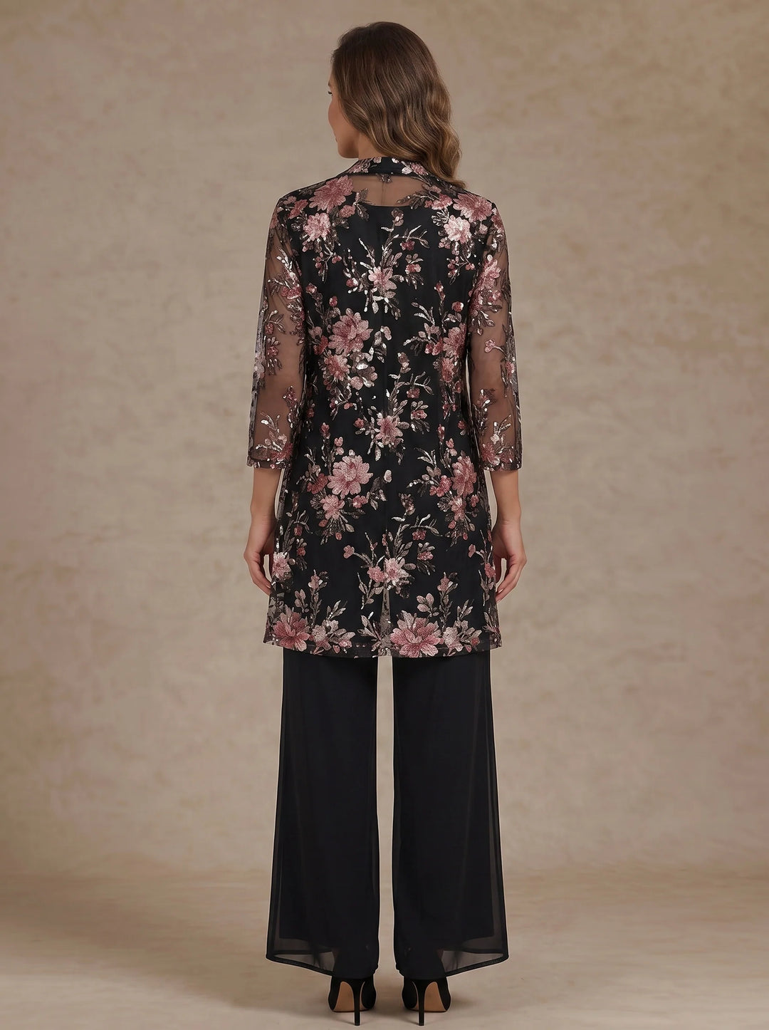 3 Pieces Scoop Chiffon Mother of the Bride Pantsuit Floral Ankle-Length 3/4 Sleeves&amp;Sleeveless with Jacket