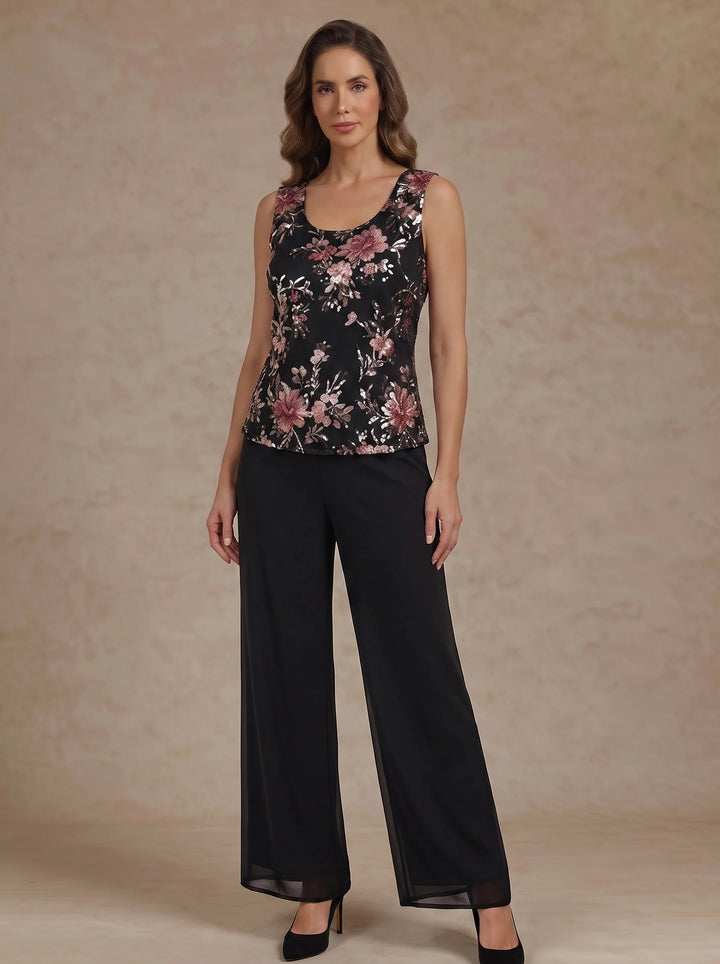 3 Pieces Scoop Chiffon Mother of the Bride Pantsuit Floral Ankle-Length 3/4 Sleeves&amp;Sleeveless with Jacket