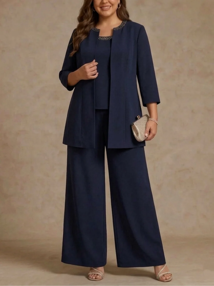 3 Pieces Scoop Chiffon Plus Size Mother of the Bride Pantsuit Ankle-Length 3/4 Sleeves&amp;Sleeveless Rhinestones with Jacket