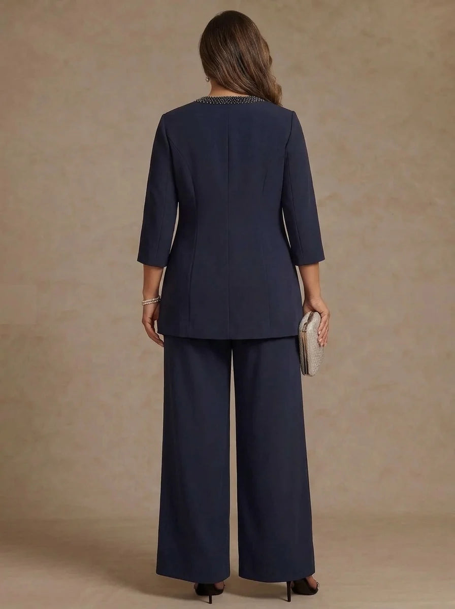 3 Pieces Scoop Chiffon Plus Size Mother of the Bride Pantsuit Ankle-Length 3/4 Sleeves&amp;Sleeveless Rhinestones with Jacket