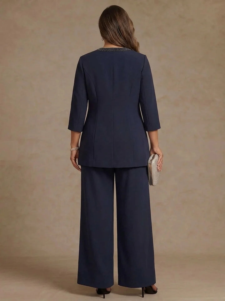 3 Pieces Scoop Chiffon Plus Size Mother of the Bride Pantsuit Ankle-Length 3/4 Sleeves&amp;Sleeveless Rhinestones with Jacket