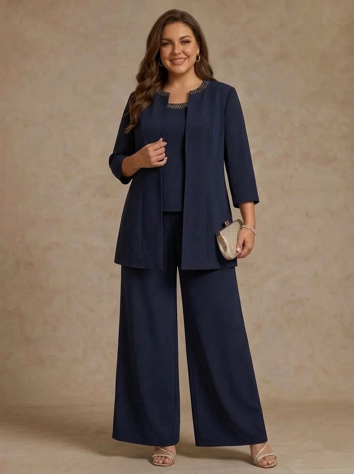 3 Pieces Scoop Chiffon Plus Size Mother of the Bride Pantsuit Ankle-Length 3/4 Sleeves&amp;Sleeveless Rhinestones with Jacket