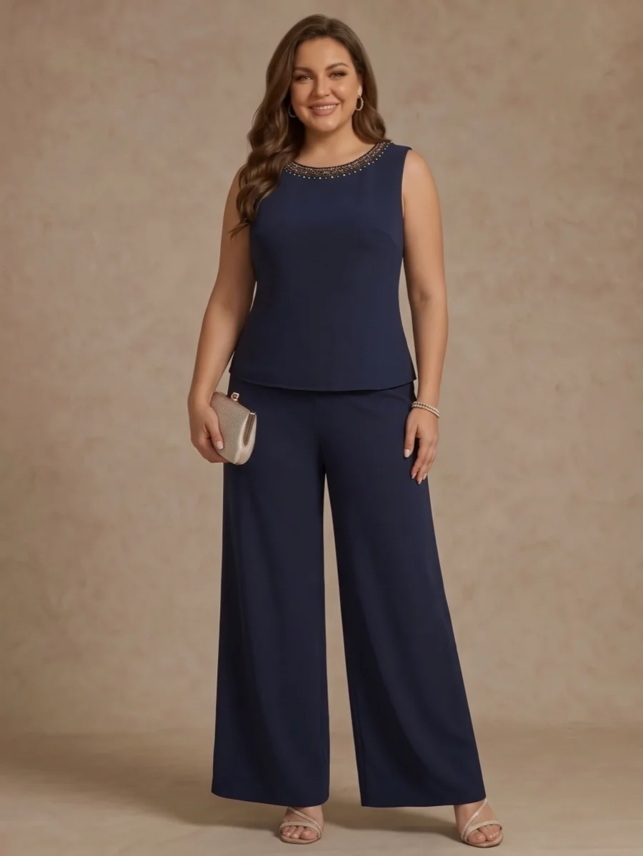 3 Pieces Scoop Chiffon Plus Size Mother of the Bride Pantsuit Ankle-Length 3/4 Sleeves&amp;Sleeveless Rhinestones with Jacket