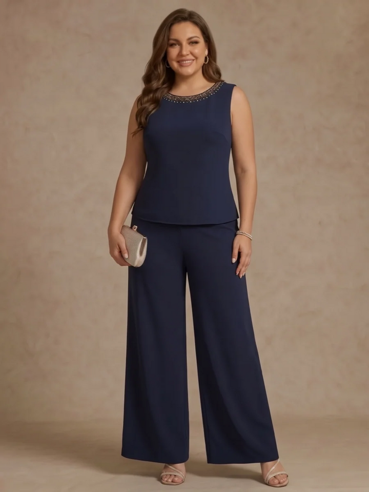 3 Pieces Scoop Chiffon Plus Size Mother of the Bride Pantsuit Ankle-Length 3/4 Sleeves&amp;Sleeveless Rhinestones with Jacket