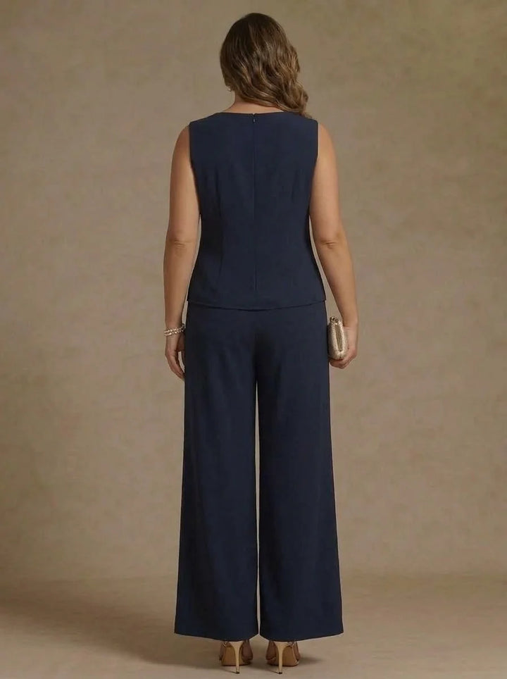 3 Pieces Scoop Chiffon Plus Size Mother of the Bride Pantsuit Ankle-Length 3/4 Sleeves&amp;Sleeveless Rhinestones with Jacket